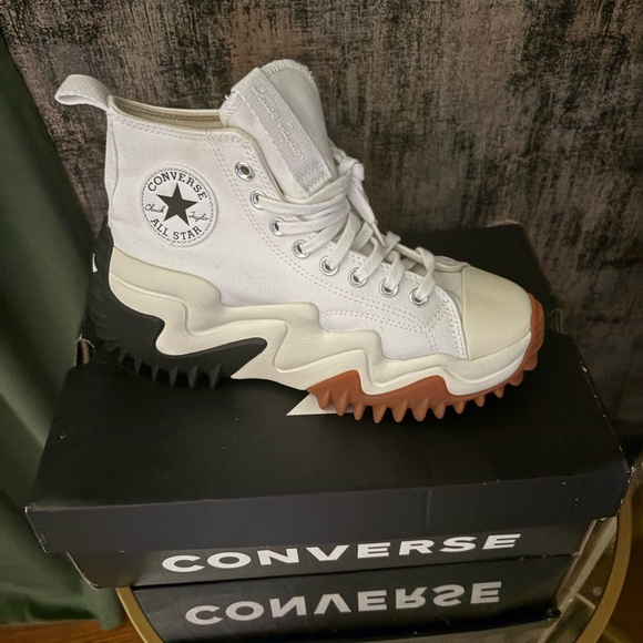Converse White and Black High-Tops with Brown Accents - Picture 1 of 6